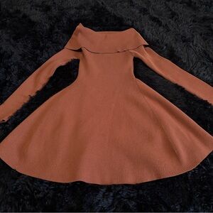 Windsor Brown Ribbed Knit Fold Over Shoulder Dress